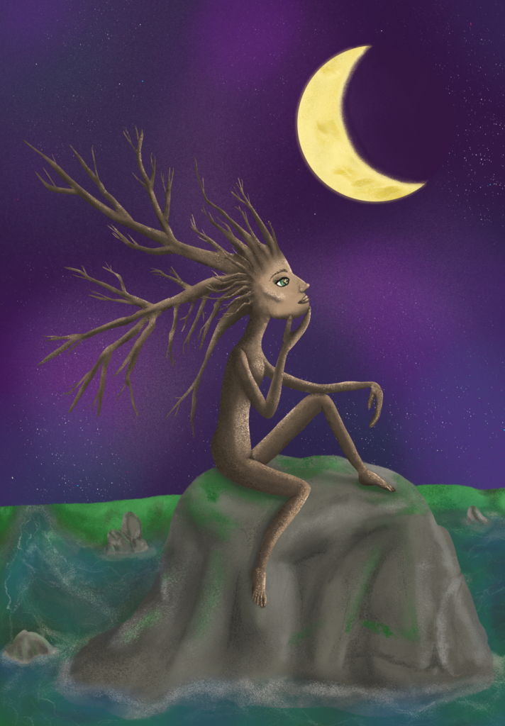 Illustration of a dryad on a rock in a river with a moon in the background