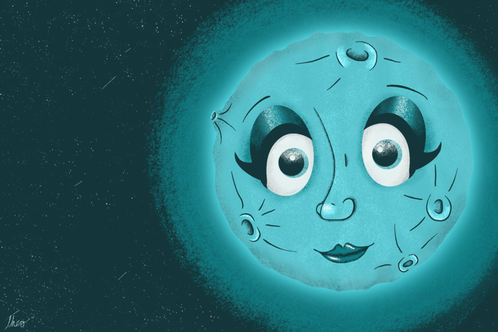A smiling, anthropomorphized moon